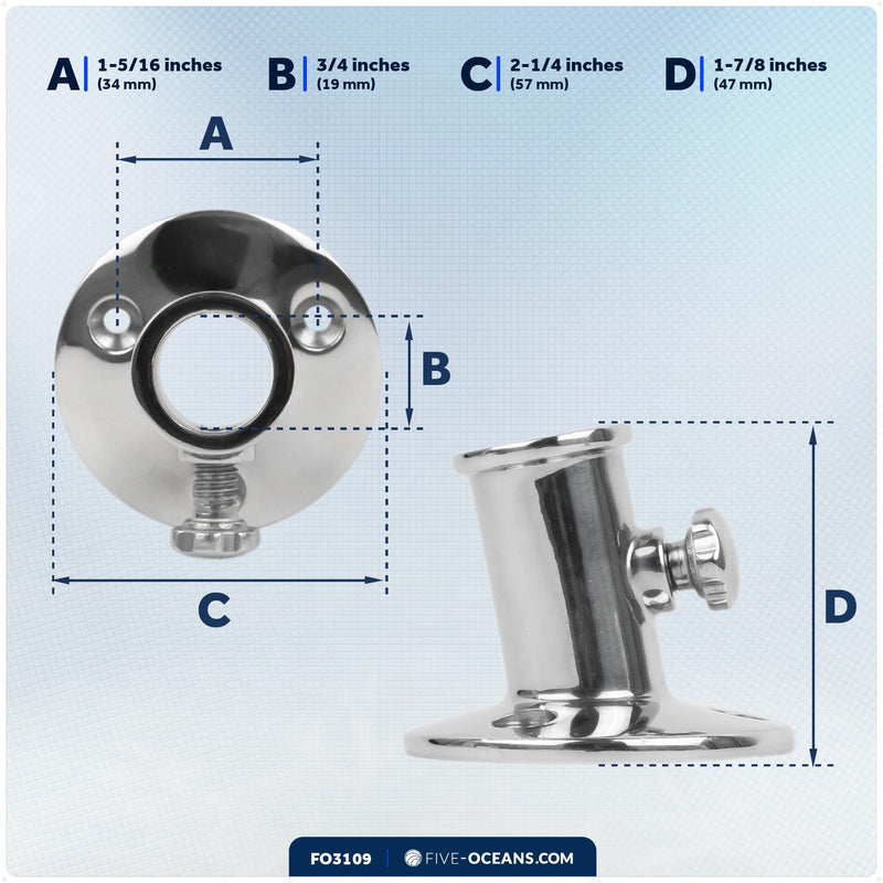 Five Oceans Top-Mount Boat Flag Pole Socket with Knob, Flag Pole Holder, Fits 3/4 Inch Diameter Poles - Tilts 15-Degree Angle, Marine Heavy Duty Polished AISI316 Stainless Steel - FO3109