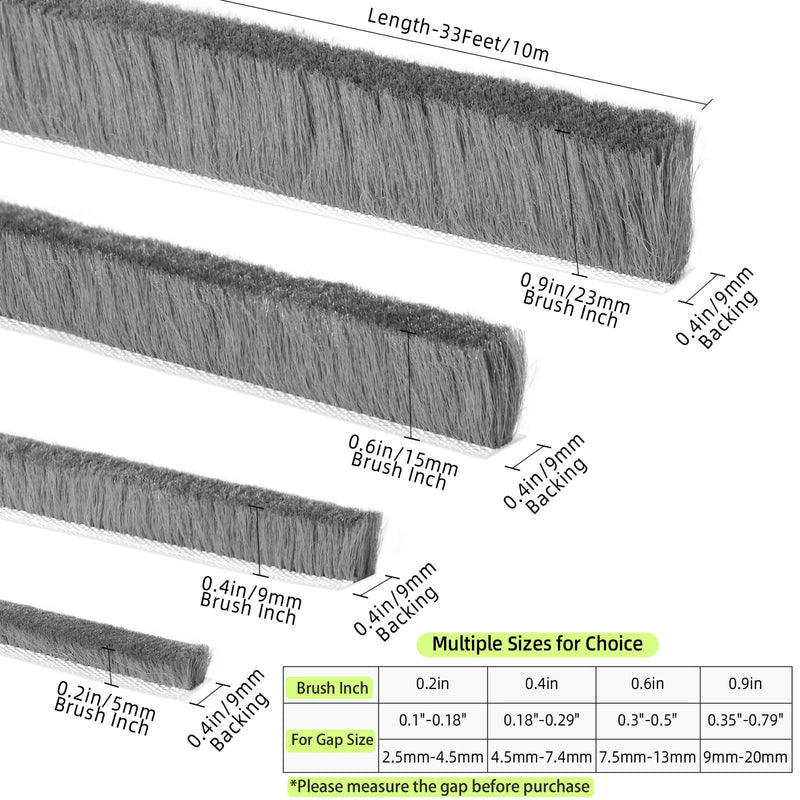 [Australia - AusPower] - Door Brush Seal, 33Feet, Felt Pile Weather Stripping for Doors, Weather Strip for Windows Cabinet, Self Adhesive Draft Blocker, Dust Stopper Sliding Door Seal Winter, Grey 10m 33Feet x 0.9in Brush x 0.4in Backing 