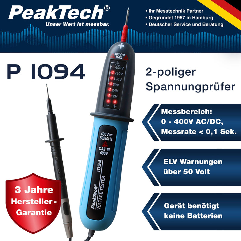 PeakTech 1094 Voltage Tester 2-Pin CAT III 400V AC/DC IP54 LED