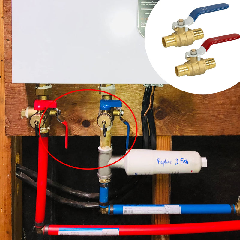 Hourleey 2 Pieces 3/4 Inch Pex Brass Full Port Shut Off Ball Valve Hot and Cold, Quarter Turn HOT (RED) COLD (BLUE) of Brass Water Stop Shut Off, 1 Piece Each 3/4" x 2 Pack