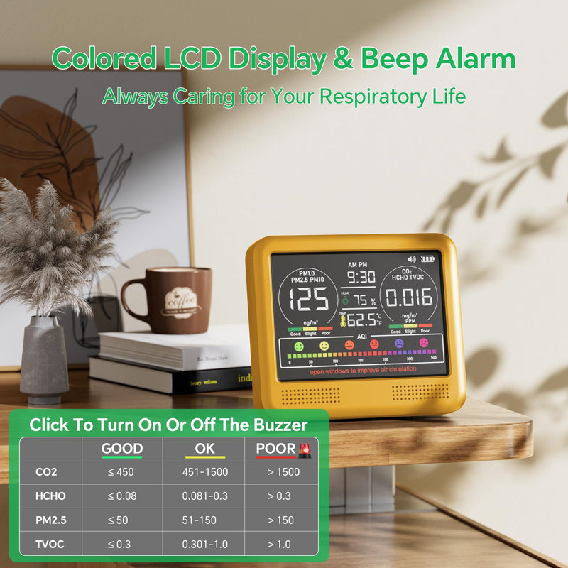 16-in-1 Indoor Air Quality Monitor with PM1.0,PM2.5,PM10,CO2,HCHO,TVOC,Temperature,Humidity,Time Display &7 AQI Alarms – Professional Air Quality Tester for Home, Office & Indoor Use (Bright Yellow) Bright Yellow