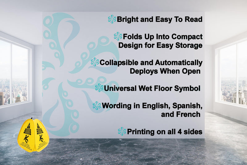 Kraken Sign Co - Pop-up Sign, Yellow 4-Sided Bilingual Trilingual English/Spanish/French Warning, Pop-up Caution Wet Floor Sign 16 inch for Restaurant, Commercial and Industrial Safety. Foldable, Portable, Durable (Yellow, 2 Pack)