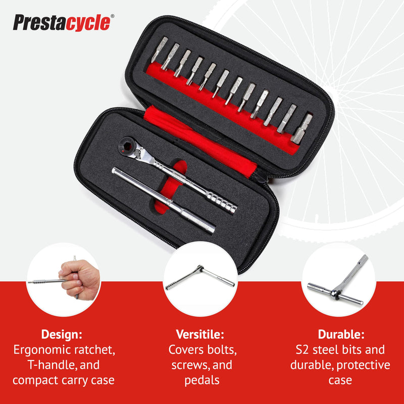 Prestacycle Pro Ratcheting T-Handle Tool Set, Heavy-Duty 60 Nm T-Handle Ratchet with 12-Piece 1/4" Hex Bit Set, Portable T Handle Screwdriver Set with Neoprene Case for Bike Repair & Maintenance