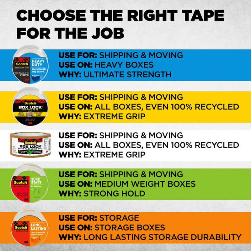 Scotch Box Lock Packing Tape, Clear, Extreme Grip Box Packaging Tape for Shipping and Mailing, 1.88 in. x 22.2 yd., 6 Rolls with Dispensers