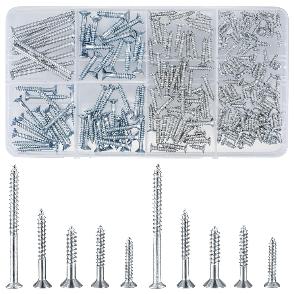 200 Pcs Wood Screws Assortment Kit, Flat Head Wood Screws Set, Assorted Drywall Screws, Coarse Thread Self Tapping Screws, for Wood Working Drywall Projects, 6#7#8#10