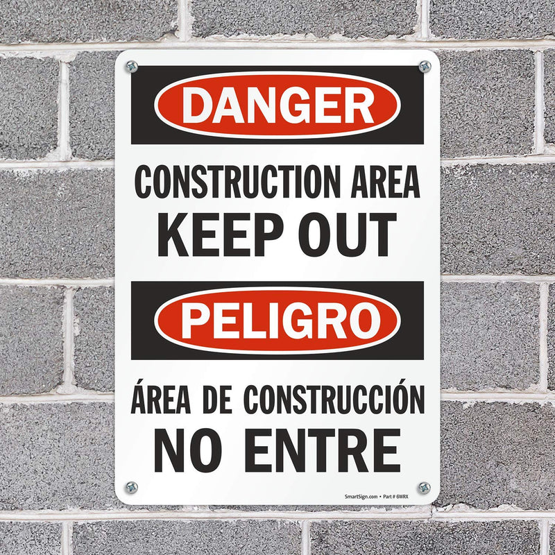 SmartSign - U9-1363-NP_10x14 "Danger - Construction Area, Keep Out" Bilingual Sign | 10" x 14" Plastic Black/Red on White 14" x 10"
