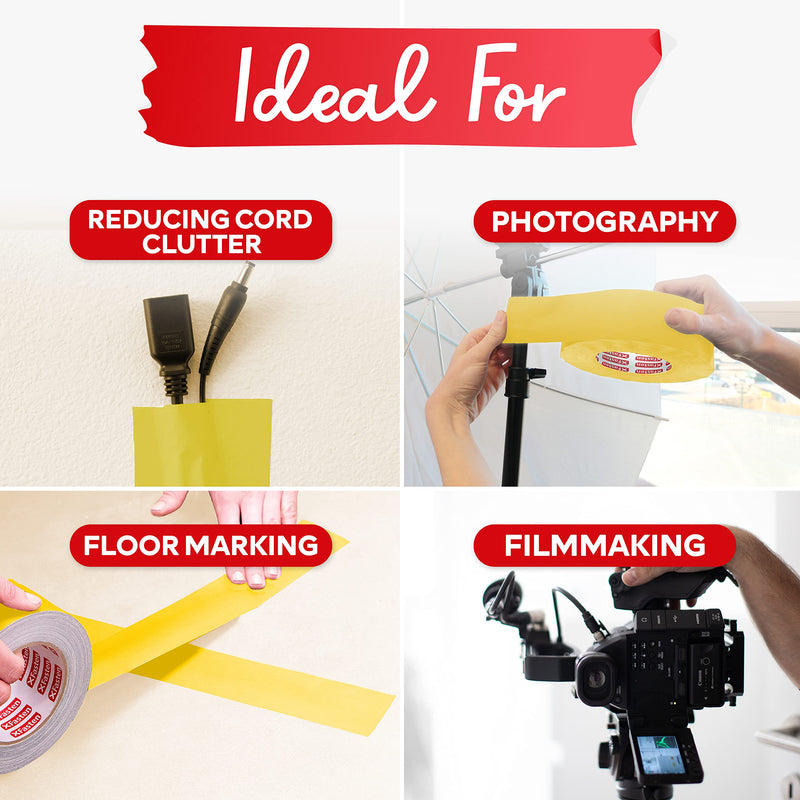 XFasten Yellow Gaffers Tape 2 Inch x 30 Yards, Cable Management Gaffer Tape, Ideal for Indoor, Outdoor Applications, Non-Reflective Matte Gaffing for Photography, Music, Film, Events