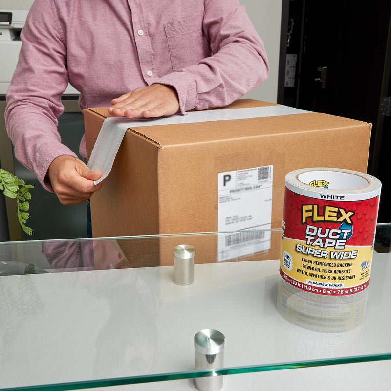 Flex Duct Tape, Super Wide, 4.6 Inches x 20 Feet, White, Heavy Duty Strong, Multi-Surface, Water, Weather and UV Resistant, Tearable, Perfect for Boxes, No Residue 4.6" x 20'