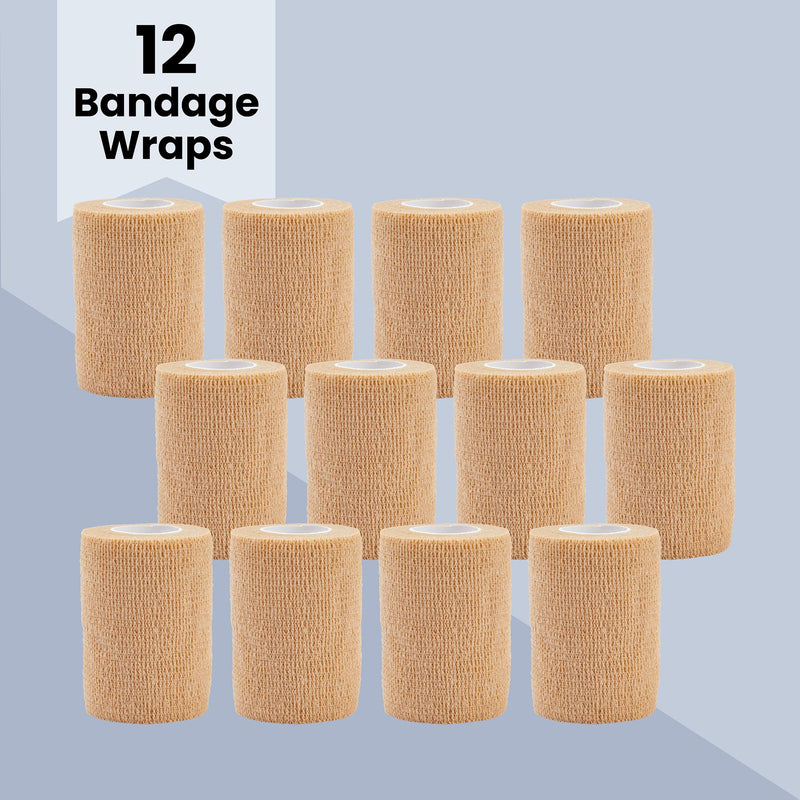 Juvale Self-Adherent Cohesive Wrap - Breathable Support Athletic Tape - Snug Fit for Tattoo Equipment - Swelling & Strain Aid Sports Tape - 3 in x 5 yd, Pack of 12, Tan 3" x 5 Yards