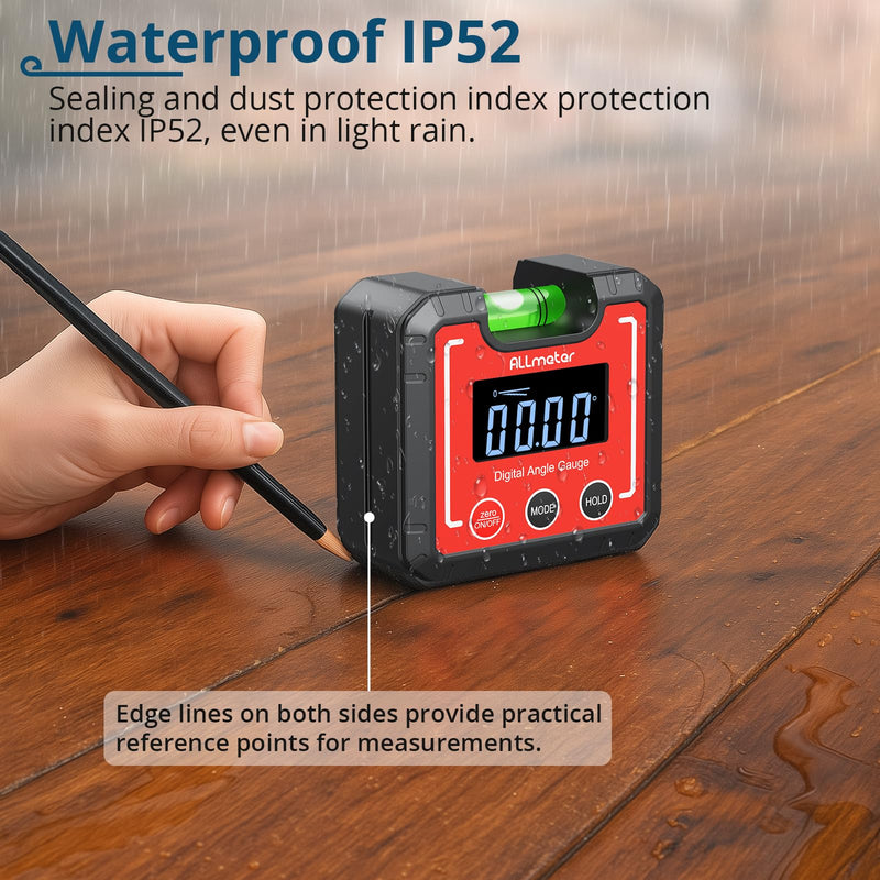 [Australia - AusPower] - Digital Angle Finder Magnetic ±0.1° Accuracy - Professional Woodworking Table Saw Inclinometer with IP52 Protection & Bubble Level Red 