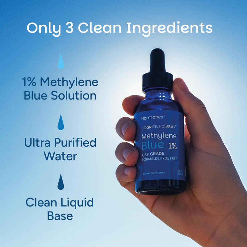 Methylene Blue Drops for Humans 1% USP Pharmaceutical Grade | Methylene Blue Supplement for Focus & Cellular Energy | Formaldehyde & Alcohol Free, Third-Party Tested, Made in USA, 50ml | Harmonex
