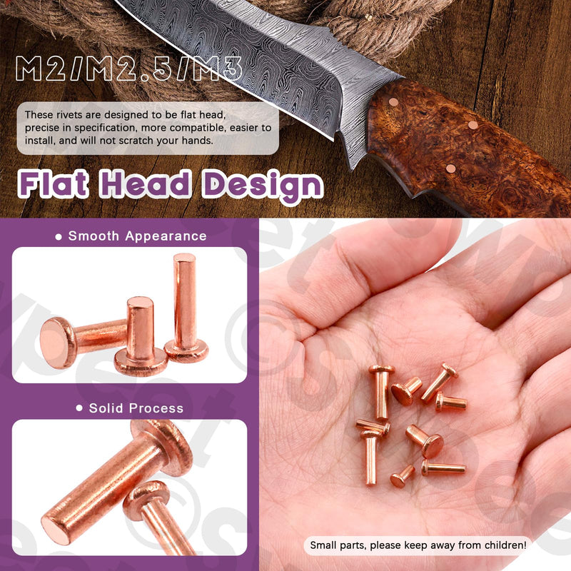 [Australia - AusPower] - Swpeet 270Pcs M2 M2.5 M3 Flat Head Copper Solid Rivet Metal Fasteners Set, Copper Solid Rivets Rivet Fastener Ideal for Electrical Applications Belts Wallets Collars Leather DIY Craft Supplies 