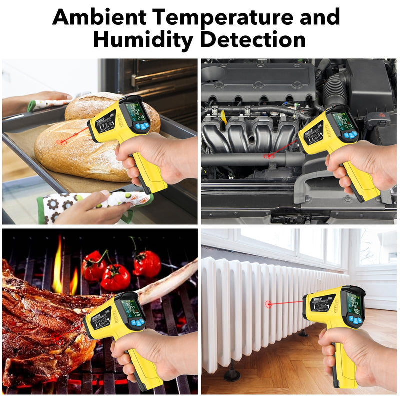 [Australia - AusPower] - Infrared Thermometer Temperature Gun,-58°F to 1472°F Non Contact Digital IR Laser Thermometer Temp Gun with Probe & Humidity Measurement for Cooking,Griddle,Engine,HVAC,Adjustable Emissivity Yellow-58°F to 1472°F(-50~800°C) 