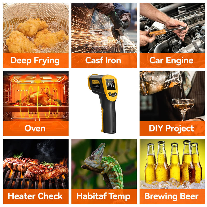 [Australia - AusPower] - Infrared Thermometer -58°F ~1832°F(-50°C ~ 1000°C), Temperature Gun for Cooking, Laser IR Surface Tool for Pizza Oven, Meat, Engine, Accessories, with 3 Adjustable Emissivity Max Min Avg Measure Yellow+Black 