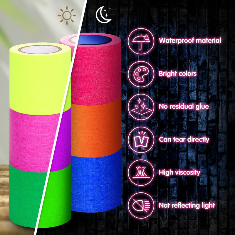 Whaline 6 Colors Neon Gaffer Cloth Tape Fluorescent Rainbow Color UV Blacklight Glow in The Dark Tapes Neon Duct Reflective Tapes for Party Supplies (2 Inch x 16.5 Ft) 2 Inch x 16.5 feet