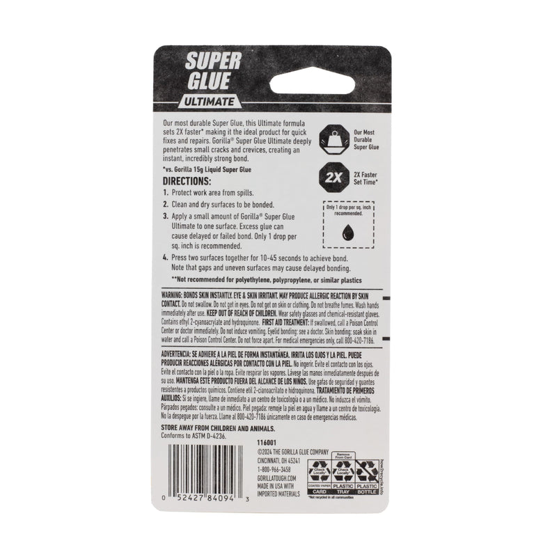 Gorilla Super Glue Ultimate, Fast-Setting Cyanoacrylate Adhesive for Quick Fixes & Repairs, 15g Bottle with Anti-Clog Cap, Clear (Pack of 1) 15g (Pack of 1)