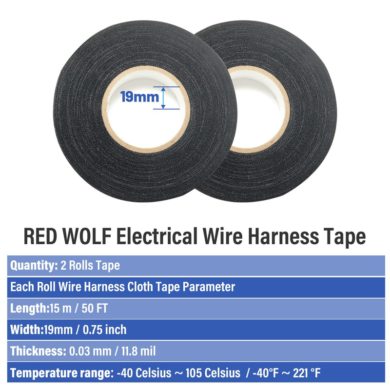 [Australia - AusPower] - RED WOLF Wire Harness Tape Electric High Temp Wiring Cable Loom Adhesive Fabric Tape for Automobile Electrical Harness Wrap Noise Damping Protection Insulation Cable Fixed 3/4 Inch x 50 FT 2 Pack 2P-3/4" x 50 FT 