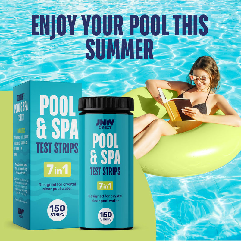 JNW 7-in-1 Pool Test Strips, 150 Quick & Accurate Test Strips for Pool Water, Spa Test Strips for Hot Tub, Chlorine Test Strips, Bromine, pH, Alkalinity, Hardness & More - Swimming Pool Test Kit 150 STRIPS - 7 IN 1 POOL TEST STRIPS