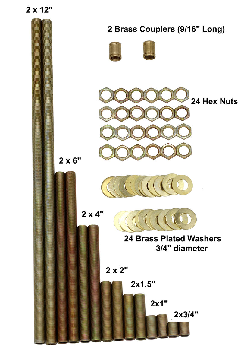 [Australia - AusPower] - Creative Hobbies® 64 Piece Lamp Repair Hardware Assortment Pack, Includes 12 Inch All Thread Lamp Pipe, 2 Coupling Pipe Connectors, 12 Nipples, 24 Washers, 24 Lock Nuts 