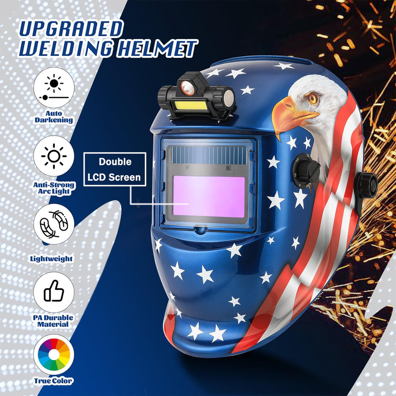 WR01A Welding Helmet Auto Darkening with LED Light True Color Solar Powered Welder Hood with Adjustable Shade Range 4/9-13 for Mig Tig Arc Welding Mask (Blue Eagle II) Blue Eagle II