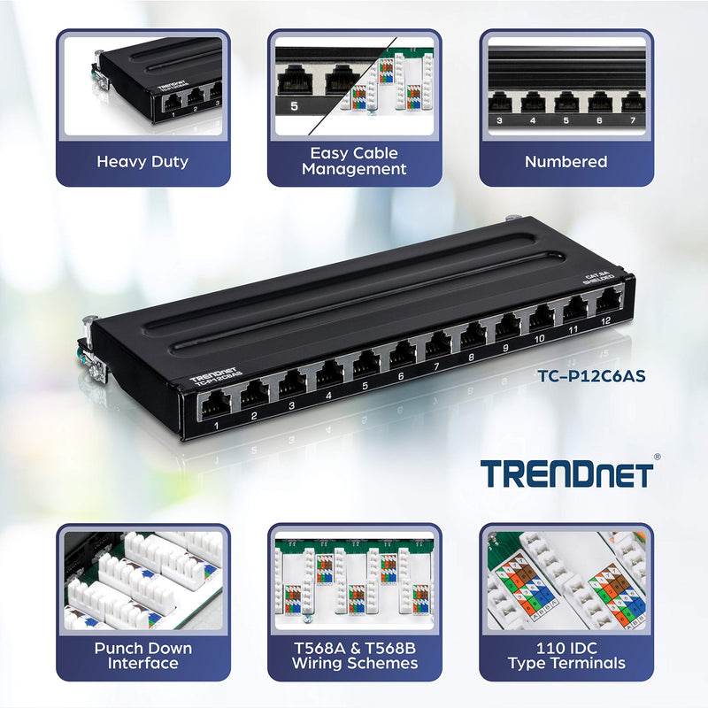 TRENDnet 12-Port Cat6A Shielded Patch Panel, 10G Ready, Cat5e,Cat6,Cat6A Compatible, Metal Housing, Color-Coded Labeling for T568A and T568B Wiring,Cable Management,Wall Mountable, Black,TC-P12C6AS 12 port