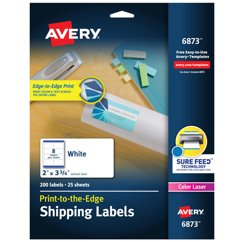 Avery Print-to-the-Edge Printable Shipping Labels, 2" x 3.75", Matte White, Sure Feed Technology, Laser & Inkjet Compatible, 200 Blank Labels, Great for Mailing, Branding, and More (6873) 2" x 3-3/4" 1