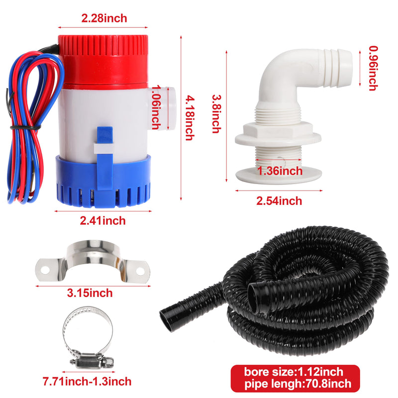 Boat Bilge Plumbing Kit 1-1/8 Inch Dia 12V Non-automatic Bilge Pump kit 1100 GPH with 6FT PVC Bilge Pump Hose (90 Degree Elbow) 90 Degree Elbow