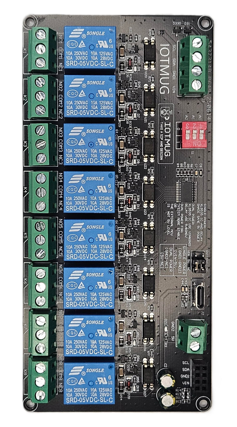 [Australia - AusPower] - 8-Channel I2C IIC Relay Board XL9535, USB-C, Dual Power 3.3V/5V, SPDT 10A EMR, DIN-Rail Ready, Multi-Board I2C Expansion Expandable, Compatible with Arduino ESP32 Raspberry Pi ESPHome & Home Assistant 8 CH EMR Type C 