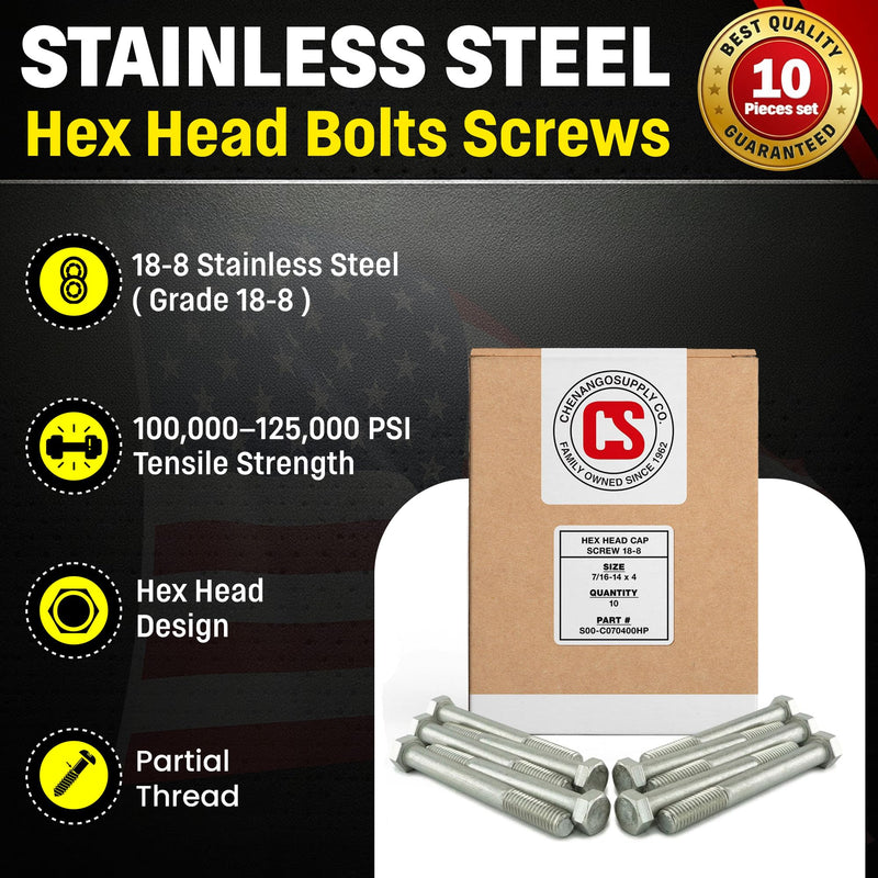 Stainless 7/16-14 x 4" Hex Head Bolts (3/4" to 5" Lengths Available in Listing), 304 Stainless Steel, 10 Pieces (7/16-14 x 4") 7/16-14 x 4"