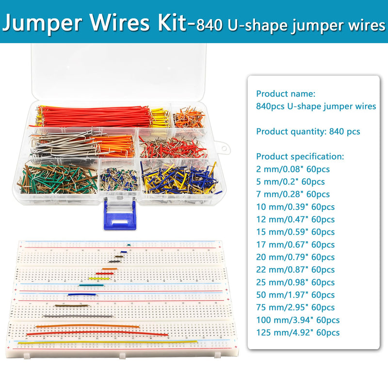 [Australia - AusPower] - 840Pcs Breadboard Jumper Wire kit for Arduino, 14 Vaules, 2 mm/0.08"-125 mm/4.92" Minidodoca U-Shape Magnetic jumper wires assortment kit & 4Pcs 34cm/13.4 inch Length Alligator clip test leads 840pcs+4pcs Alligator 