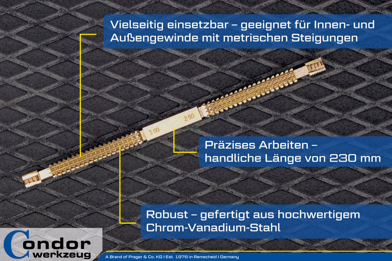 Condor tool 4830 | Thread File | 230mm | Internal and External Thread | Metric | 0.8-3.0mm | Chrome Vanadium Steel