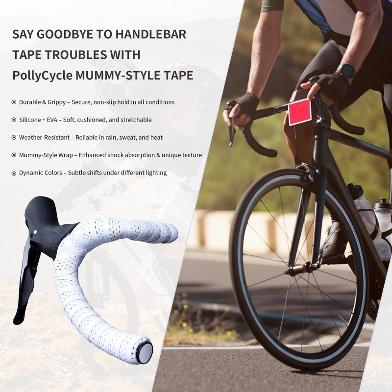 Road Bike Handlebar Tape, Silicone Surface Non-Slip Bicycle Bar Tape, Shock Absorbing Drop Bar Wrap, White Confetti Stitch Pattern, 2 Rolls White Rainbow Set of 2
