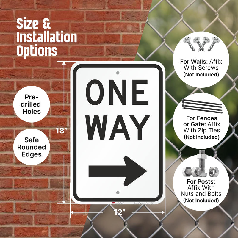 One Way Sign, One Way Sign with Right Arrow 18x12 3M Engineer Grade Reflective Rust Free .63 Aluminum, Easy to Mount Weather Resistant Made in USA by SmartSign 12" x 18" 3M EG Reflective Aluminum