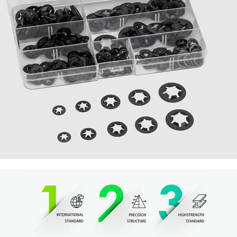 [Australia - AusPower] - 340 Pcs Internal Tooth Starlock Locking Washers, Push On Speed Clips Fasteners Washers Assortment Kit, Quick Speed 65Mn Black Clips Lock Washers - M3, M4/M5/M6/M8/M10/M12 