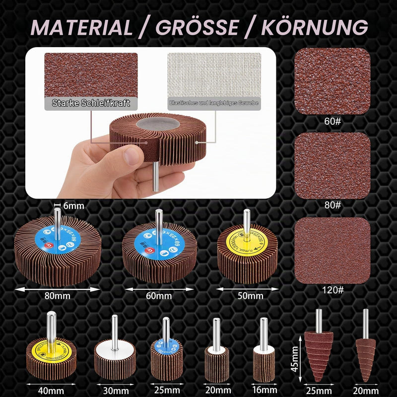 Flap Sander Set 80 Grit Flap Sander Sanding Attachment - 20 Pieces | 6 mm pen grain 8 different diameters 80/60/50/40/30/25/20/16 mm for drill, cordless screwdriver, straight grinder