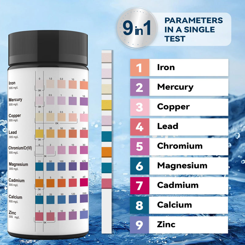 [Australia - AusPower] - 9 Way Heavy Metals Water Test Strips, 100ct Home Water Testing Kit for Iron, Mercury, Copper, Lead, Chromium, Magnesium, Cadmium, Calcium,Zinc 