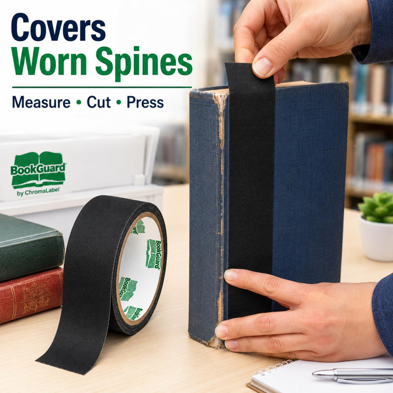 BookGuard Black Bookbinding Tape, 1-1/2 Inch x 15 Yards, 13 Mil Vinyl-Coated Cotton Cloth Book Repair Tape for Book Spine Repair, Library Books, School Books, Hymnals and Bibles 1.5" Wide