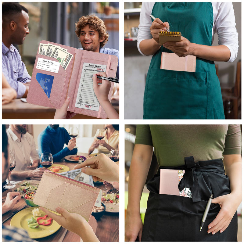 [Australia - AusPower] - Server Books for Waitress, PU Leather Cute Pink Waitress Book with 1 Money Zipper Pocket, Server Book with 9 Pockets and 1 Pen Holder, Serving Book Organizer Fit Server Apron -Flowers U 