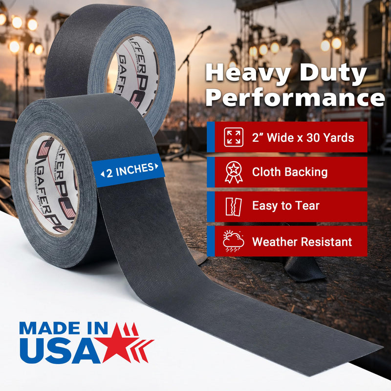 Gaffer Power Proudly Made in The USA, Real Professional Grade Gaffer Tape, Heavy Duty Gaffers Tape, Non-Reflective, Multipurpose Cord Tape. 2 Inches x 30 Yards, Black 2 inches x 30 yards | 1 pack