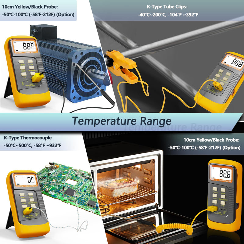 [Australia - AusPower] - Handheld Thermocouple Thermometer, 2 Channels K Type Thermocouple Probe and 4 Thermocouples, Measuring Range -50 to 1370°C(-58 to 2498°F), Contains 4 Thermocouple Probes 6802-04 