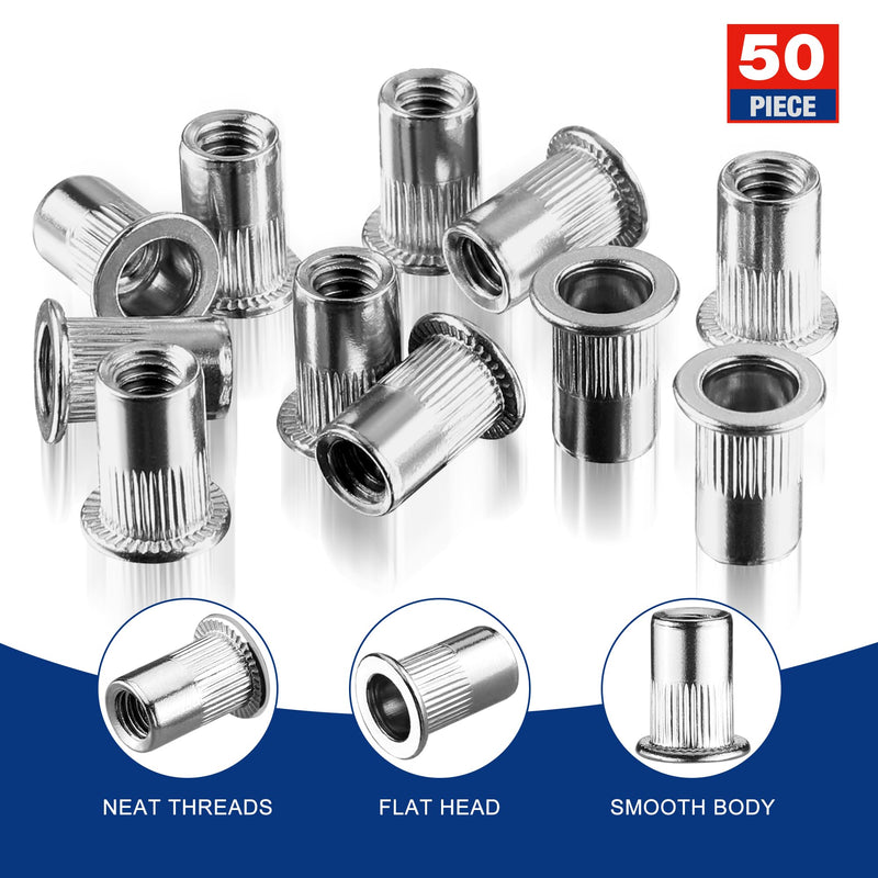 [Australia - AusPower] - WORKPRO 50Pcs Rivet Nuts, 1/4”-20 Stainless Steel Rivnut, Flat Head Threaded Insert Nutserts with Knurled Body 50pc Stainless Steel 