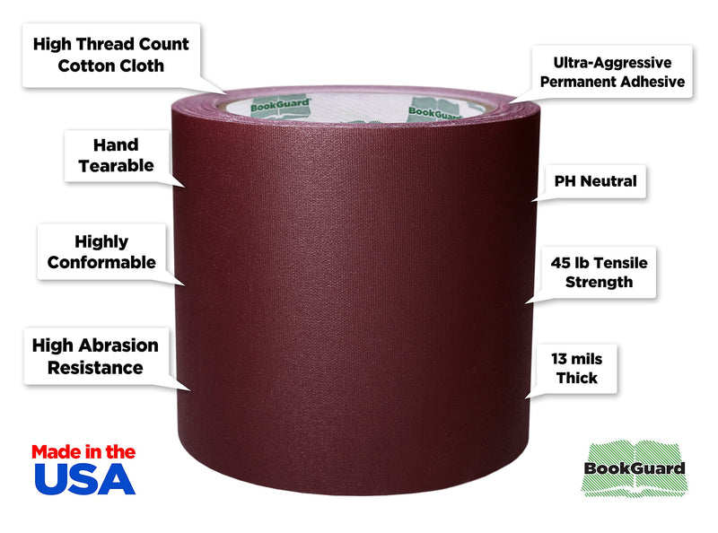 BookGuard 4 inch Premium Bookbinding Repair Cloth Tape, 15 Yard Roll, Burgundy 4" Wide 1