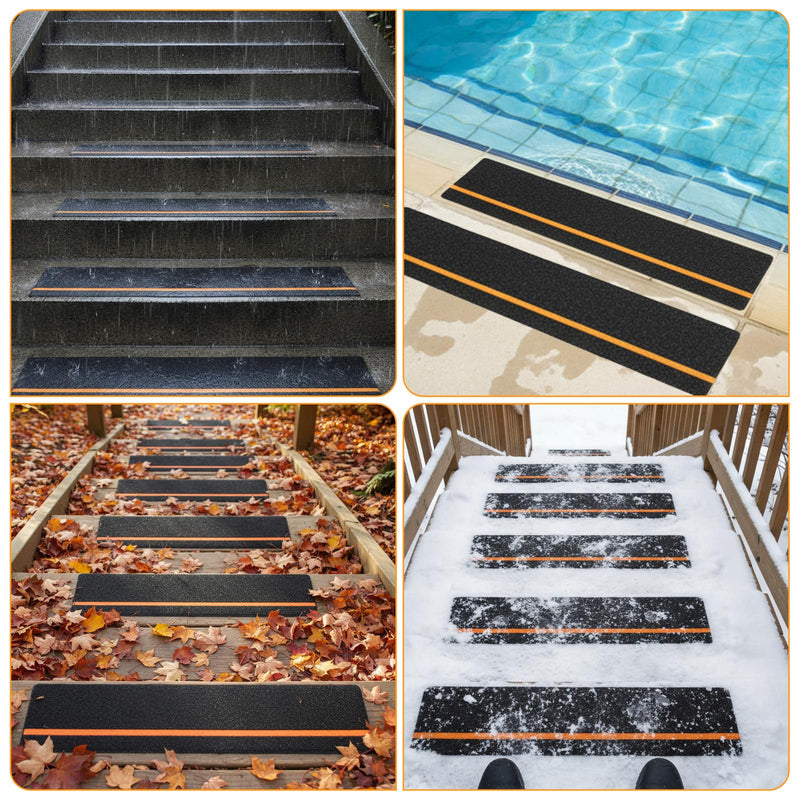 12 Pack Anti Slip Stair Tread with Reflective Stripe, 6" x 24" Black Grip Tape for Stairs, Outdoor Non Skid Tapes, Anti-Skid Tape, High Traction Friction Abrasive Adhesive for Stairs Step