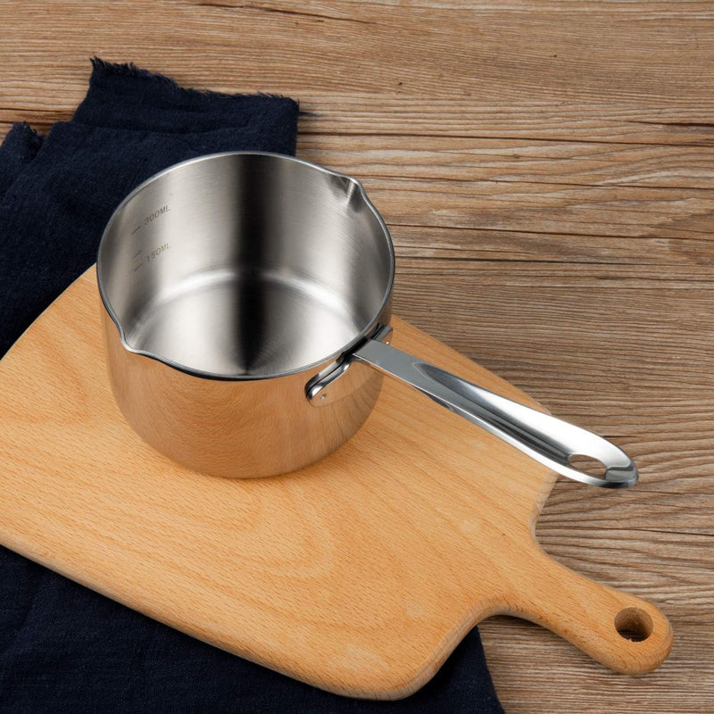 IMEEA 10oz/300ml Mini Butter Warmer Pot 18/10 Stainless Steel Small Sauce Pan with Dual Pour Spouts for Milk, Coffee, Single Serving 10 fl oz