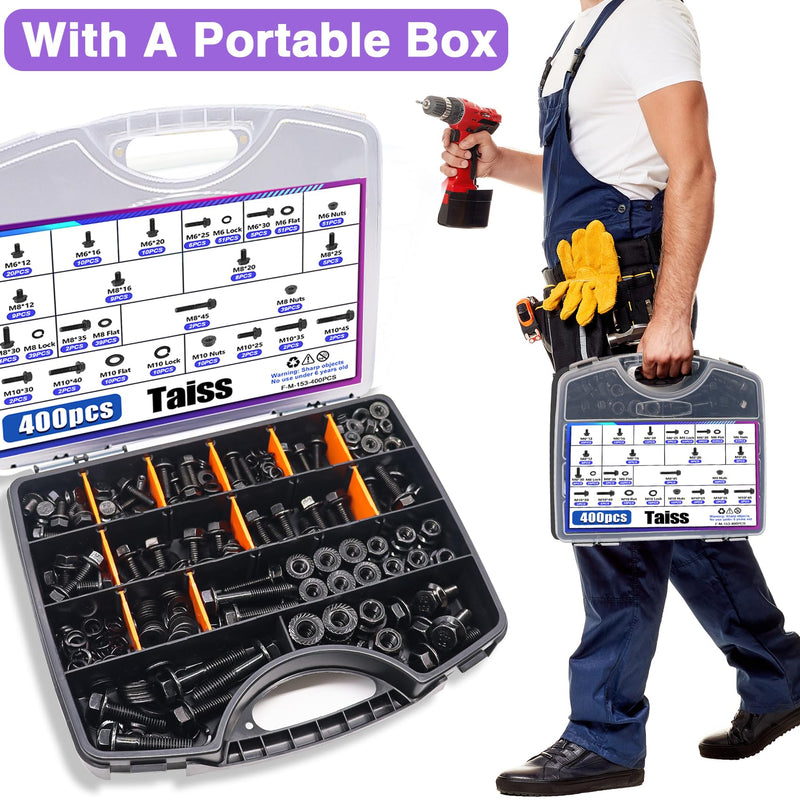 [Australia - AusPower] - Taiss 400PCS Metric Flange Bolt Assortment kit,M6x1.0 Bolt, M8x1.25 Bolt, M10x1.5 Bolt (12mm to 45mm) 10.9 Black zinc Plating Hex Bolts+30 Sets 1/4-20 x 3/4" Furniture Screw Nut Threaded Inserts 
