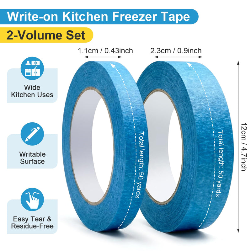 Freezer Tape for Food Labeling, 2 Rolls (0.47” & 0.95”), Writable Kitchen Label Tape, Easy Tear, Residue-Free Removal, Low Temperature Resistant, Ideal for Food Containers & Freezer Use (Light Blue) Light Blue