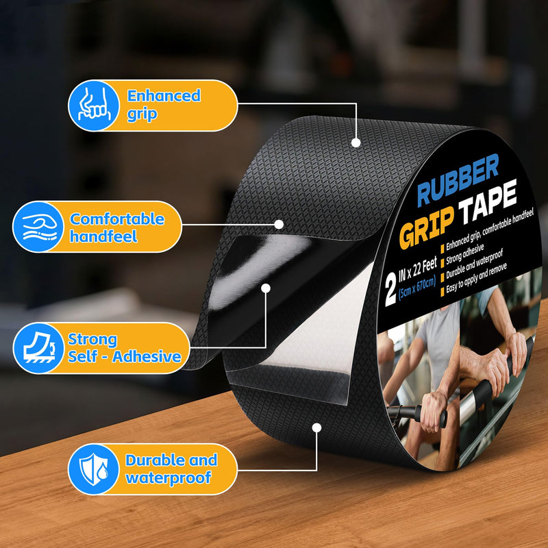 Rubber Grip Tape, 2 in x 22 Ft Black Ultra-Thin Strong Adhesive Non-Slip Tape, Anti-Slip Grip Tape for Handles, Waterproof Heat Resistant Cushion Grip, Comfortable in Hands 2 Inch x 22 Feet