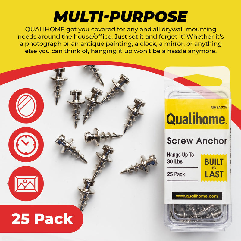 [Australia - AusPower] - QUALIHOME Double-Headed Wall Screw Anchors - Drywall Screw & Anchor in One for Items up to 30 Lbs. - Bear Claw Mounting Screws for D-Rings/Sawtooth/Wire/Keyholes - Hang Pictures/Mirrors (Pack of 25) 