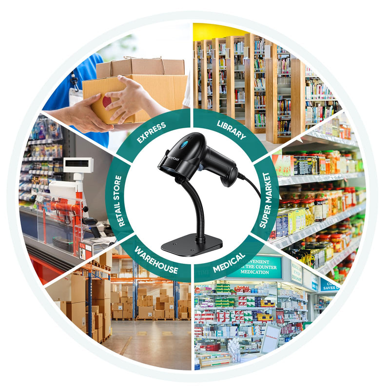 Barcode Scanner with Stand, USB Wired Inventory 2D 1D QR Code Scanner for Computer POS MAC with Automatic Screen Scanning, Handheld CMOS Image Bar Code Reader for Warehouse Library Supermarket Black