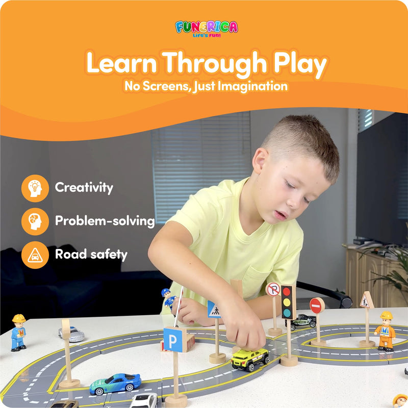 Wooden Traffic Signs & Community Helper Figures Toy Set – Includes Police, City & Construction Workers, Road Signs & Traffic Lights – Works with Train Tracks, Toy Cars, Play Rugs & Mats – Ages 3–10